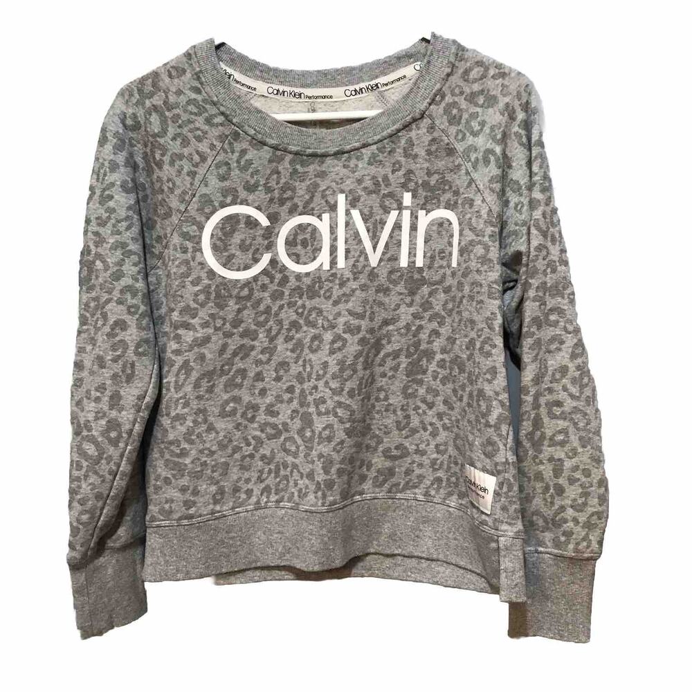 Calvin Klein Performance Animal Print Logo Sweatshirt Womens Small Gray leopard